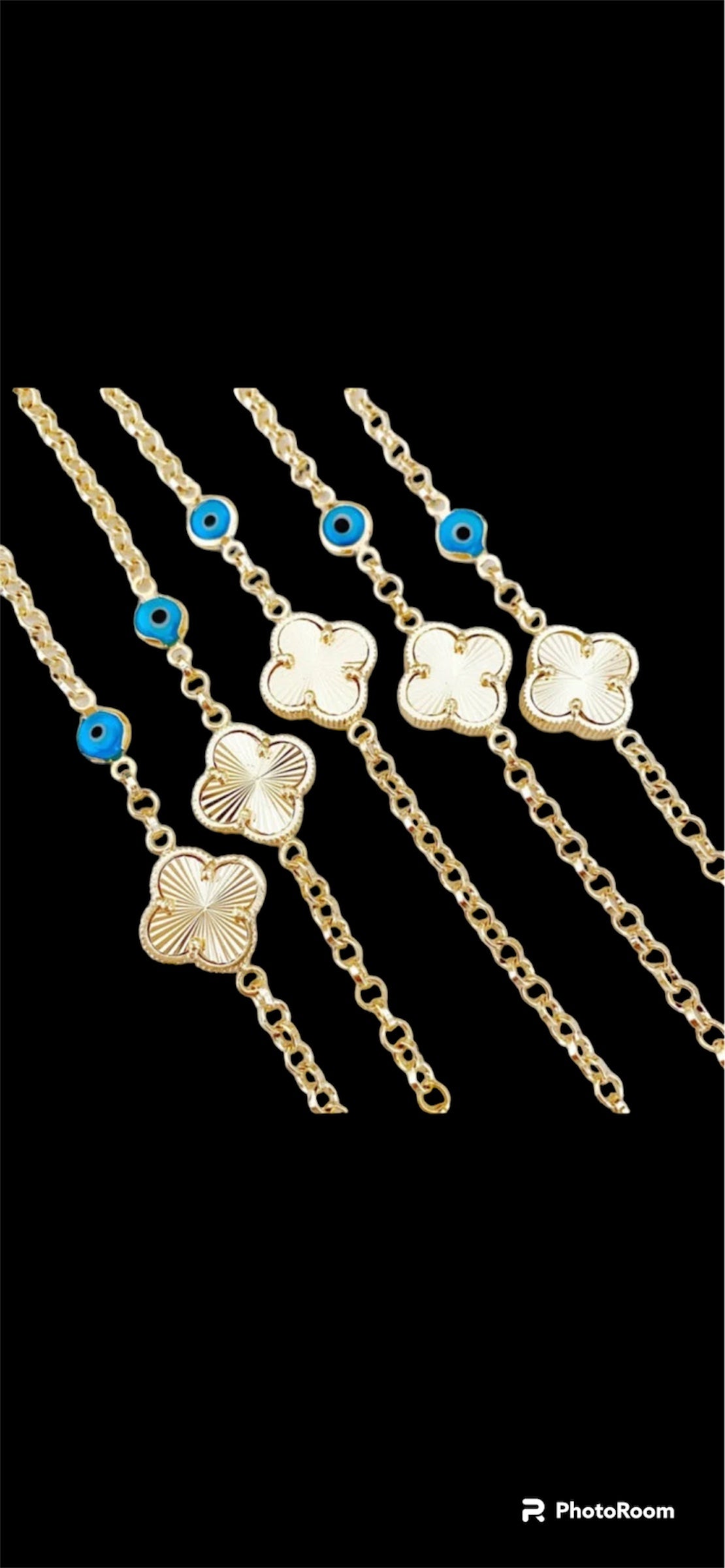 Gold Clover Bracelet, Blue Evil Eye Bead, Lucky Clover Charm, Good